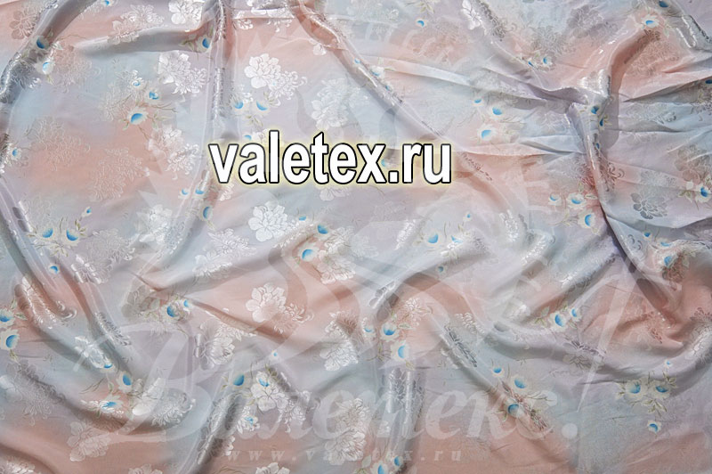 Ткань атлас розовато-голубая абстракция с цветочками
